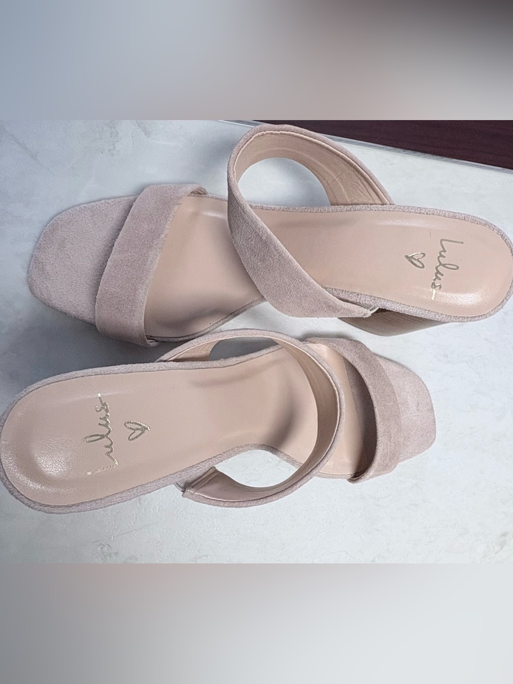 Lulu's Blush Suede Two-Strap Block Heel Sandals